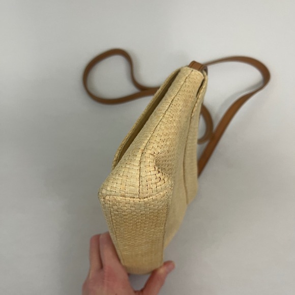 Vintage Fossil Straw Crossbody Bag Purse Floral Embroidered Tan‎ Leather Strap - Picture 6 of 13